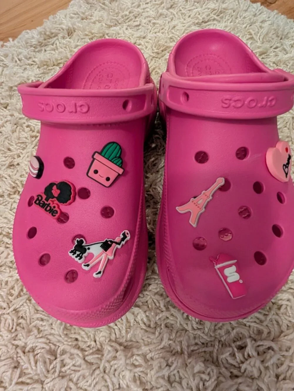 Bright pink Crocs platform clogs! Barbie and other jibbitz accessories included!